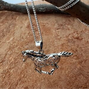 Sterling Silver 925 Horse Necklace, 18" steel chain, Galloping Horse, Equestrian